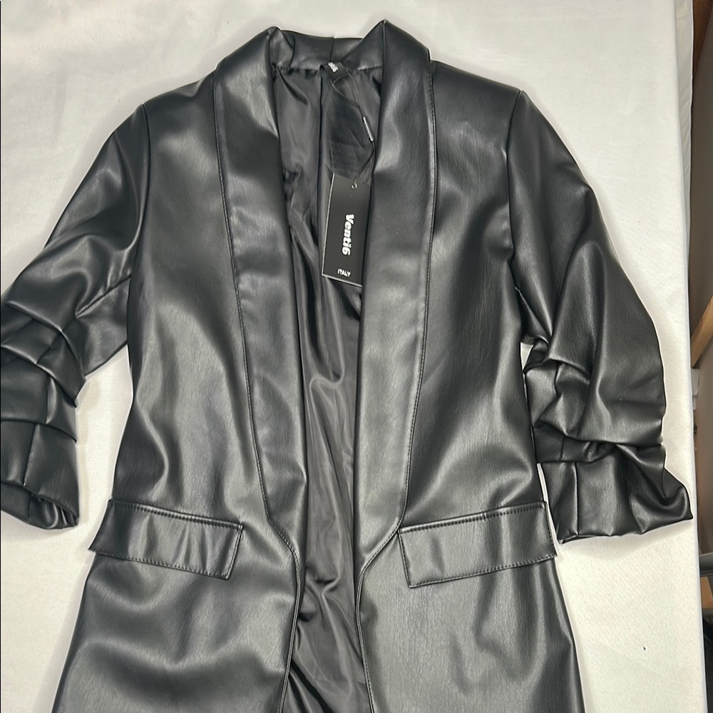 Faux Leather Ruched Sleeve Blazer - Venti6 Italy